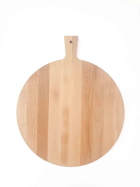 Borrelplank Ronda met Handvat - 35cm Doorsnede - Met naam, tekst of logo gravering - Beukenhout - houtensnijplankenmetlogo.nl