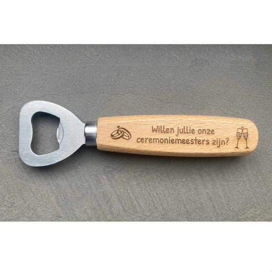 10 stuks Bieropener - Flesopener - Hout - Met tekst of logo gravering - houtensnijplankenmetlogo.nl