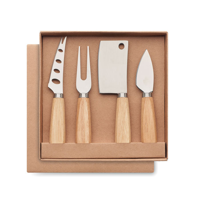 Kaasmesset 4-delig met Houten Handvat Gegraveerd | Gepersonaliseerd Cadeau