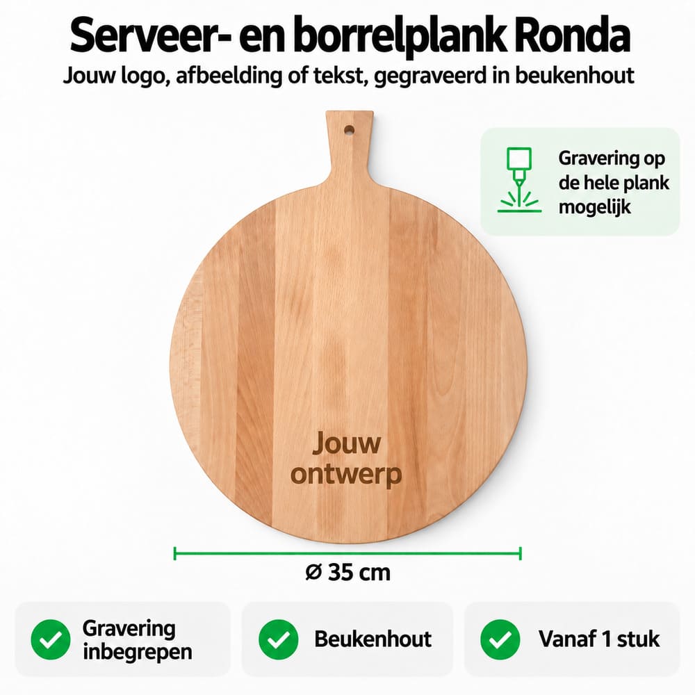 Borrelplank graveren met logo of tekst: Ronda met handvat, Ø 35 cm