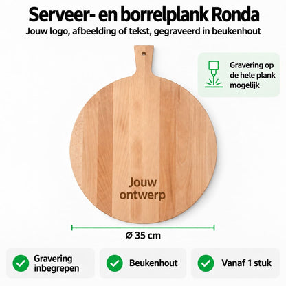 Borrelplank graveren met logo of tekst: Ronda met handvat, Ø 35 cm